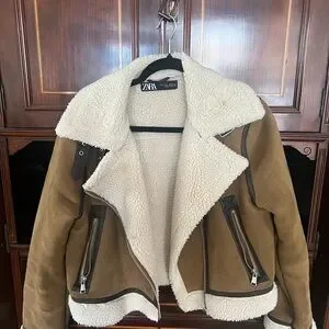 Zara Women's Tan Teddy Jacket with Cream Lining